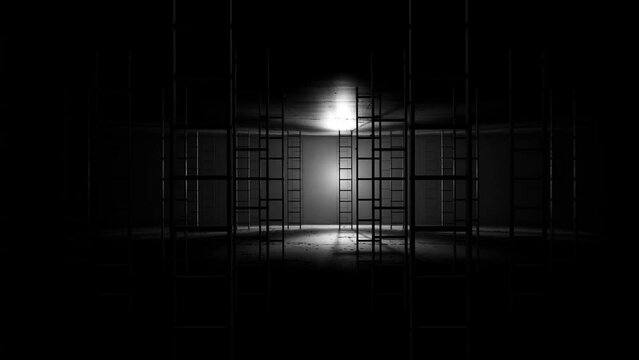 Ladders in a dark hall, camera moving forward with  lights turning on and off on the beat, underground feeling with light and shadow play, seamless VJ Loop