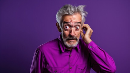 Bewildered 64 years old male writer, scratching head, wearing a Bright solid violet dress