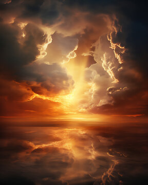 dramatic sky with Cumulonimbus clouds and ray of light from the sun in sunset, hyper realistic, dramatic light and shadows,