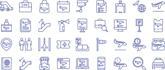 Airport outline icons set, including icons such as aviation, Departure, Flight, Departures, Taxi, Runway, and more. Vector icon collection