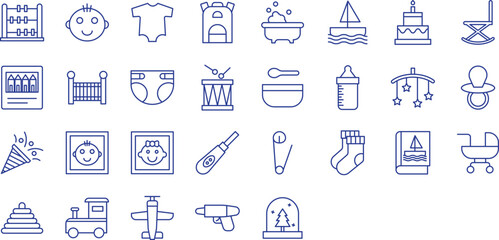 Kids toys and elements outline icons set, including icons such as Diaper, Pacifier, Socks, Bath,  Airplane, Chair, and more. Vector icon collection