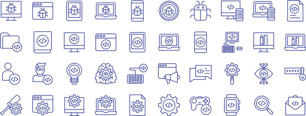 App Development outline icons set, including icons such as Coding, Bug, Chat, Developer, Idea, Intelligence, Keyboard, Mobile and more. Vector icon collection