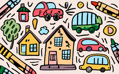 Naklejka premium Unveiling the Magic of Childhood Adventures through Vibrant House and Car Illustrations