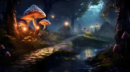 Fototapeta na wymiar Magical forest with toadstools, concept art illustration