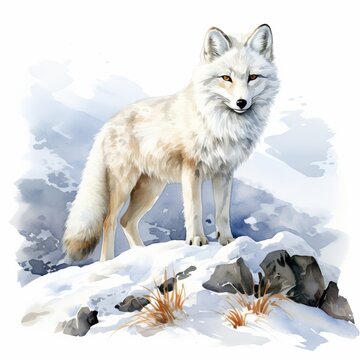 Polarfuchs Aquarell Winterlandschaft Wildtier Portrait Natur Kunst Schnee Szene Wandbild Raubtier Illustration Geschenk Polar Fuchs Schnee Landschaft Weißer Fuchs