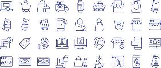 Sales and marketing outline icons set, including icons such as Bill, Click, Invoice, Label, Mobile Shop, Payment, and more. Vector icon collection