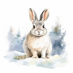 Schneehase Aquarell Tiere im Winter Kunstwerk Waldlandschaft Naturillustration Tierporträt Weißer Hase Schnee Landschaft Wandkunst Dekoration 