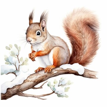 Eichhörnchen Schnee Aquarell Winter Tierillustration Niedliches Waldtier Naturkunst Schnee Ast Dekoratives Wandbild Geschenkidee