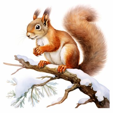 Eichhörnchen Schnee Aquarell Winter Tierillustration Niedliches Waldtier Naturkunst Schnee Ast Dekoratives Wandbild Geschenkidee