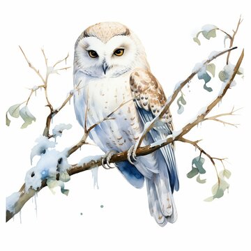 Schneeeule Aquarell Portr&auml;t Eulenillustration Winter Natur Tierbild Waldvogel Wandkunst Dekorativ Schnee Eule Schnee Tier Kunst Wohnzimmerdekor