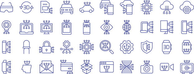 Technology and development outline icons set, including icons such as  Car, Camera, Card, Cloud, Circuit, Email, and more. Vector icon collection