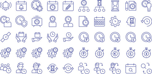 Time management outline icons set, including icons such as Bell, Calendar, Cog, Date, Edit, Plan, Page, and more. Vector icon collection