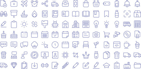 Essential and Ui outline icons set, including icons such as Battery, Alarm, Coat, Bulb, Bright, Binocular, Chef, and more. Vector icon collection