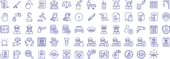 Law and justice outline icons set, including icons such as Baton, Agreement, Decision, Court, Contract, and more. Vector icon collection