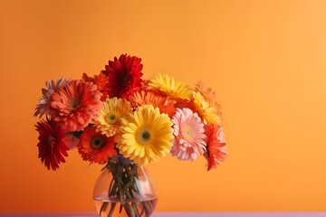 Bouquet of beautiful colorful gerbera flowers in vase on table against yellow background, space for text. Banner design
