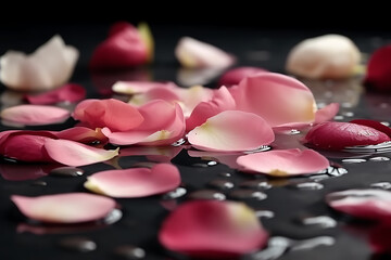 Obraz na płótnie Canvas Spa stones and rose petals in water, closeup. Zen lifestyle