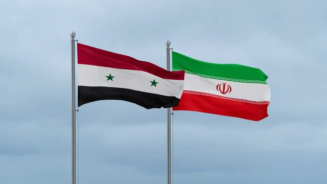 Iran flag and Syria flag waving together on blue sky, looped video