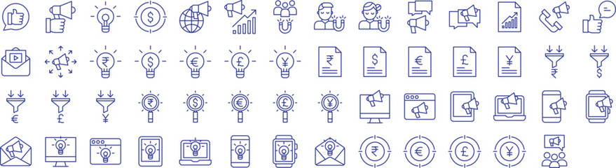 Banking and finance outline icons set, including icons such as Chat, Creative, Dollar, Funnel, Euro, Focus, , and more. Vector icon collection