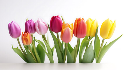 Colorful fresh spring tulips flowers border in a row on white background.