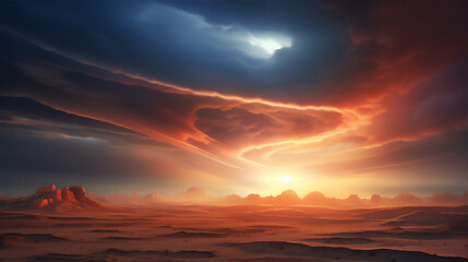 dramatic sky with lenticular clouds and ray of light from the sun in sunset, hyper realistic,...