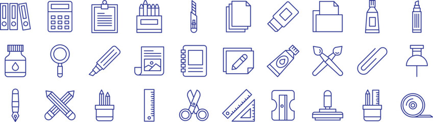 Art and craft tools outline icons set, including icons such as Binders, Calculator, Clipboard, Crayons, Cutter, and more. Vector icon collection