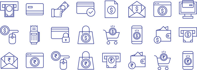 Budget and Money investment outline icons set, including icons such as Atm Card, Atm, Cash Payment, File, Invoice, and more. Vector icon collection