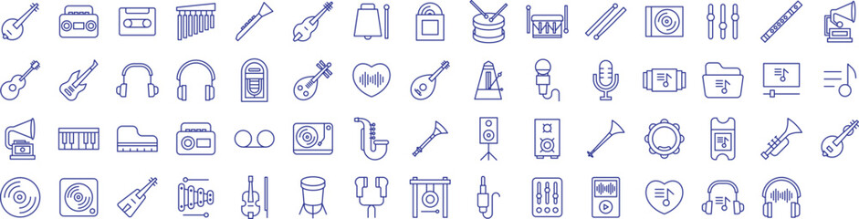 Music instrument outline icons set, including icons such as Banjo, Cassette, Drumsticks, Drum, Guitar, and more. Vector icon collection - obrazy, fototapety, plakaty