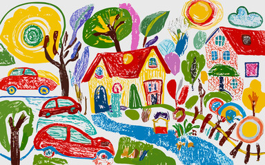 Home & Highway Hues Children's Whimsical Depictions of Houses and Cars, Painted with the Joyful Radiance of Rainbow Crayons