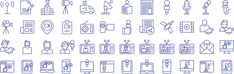 News broadcasting outline icons set, including icons such as Announcement, Antenna, Archive, Camera, Car, Dish,, and more. Vector icon collection