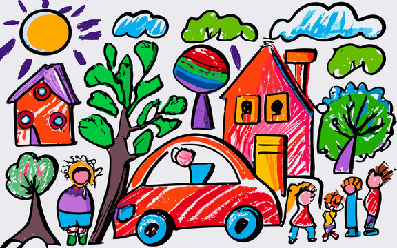 Rainbow Estates and Roadsters Children's Artistic Odyssey in Illustrating the Perfect Harmony of Houses and Cars with Vibrant Crayon Strokes