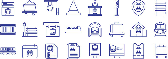 Railway outline icons set, including icons such as Board, Cargo, Calendar, Clock, Construction,, and more. Vector icon collection
