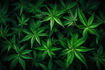 Background of fresh cannabis leaves in dark green tones, top view