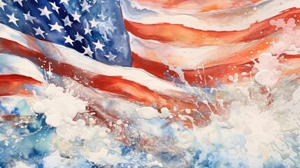 American flag with watercolor splashes in the wind. Watercolor illustration. Patriotism Concept. USA Flag Concept. - obrazy, fototapety, plakaty