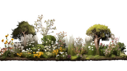 Small grove, trees and flowers in a forest, isolated on transparent background