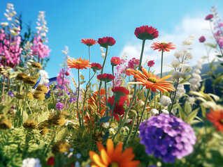 Summer flower garden with blue sky