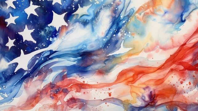 American flag painted in watercolor. Abstract background with stars and stripes. Patriotism Concept. USA Flag Concept.