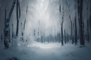 Blurry image of a winter forest, small snowdrifts and light snowfall