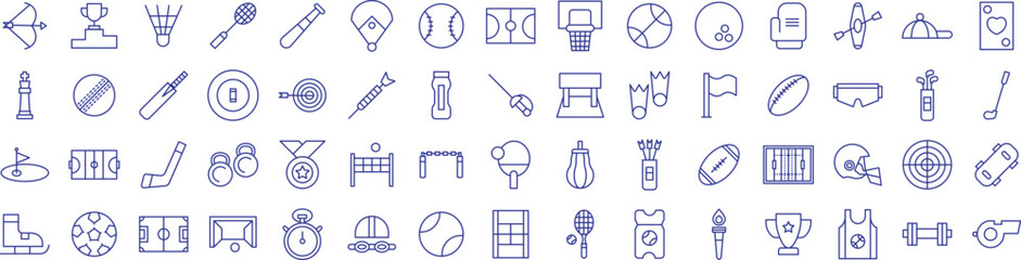 Type of sports and games outline icons set, including icons such as Baseball Bat, Baseball, Badminton, Award, Cricket, , and more. Vector icon collection