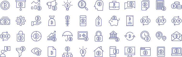 Cryptocurrency and bitcoin outline icons set, including icons such as Cryptocurrenc, bitcoin, Investment, network, blockchain, and more. Vector icon collection