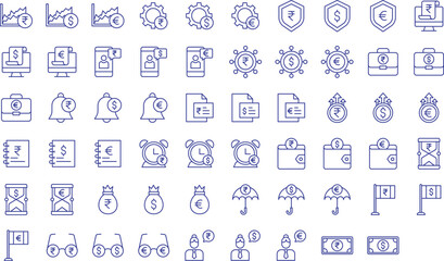 Banking and savings outline icons set, including icons such as Banking,  savings, Financial, rupee, dollar, and more. Vector icon collection