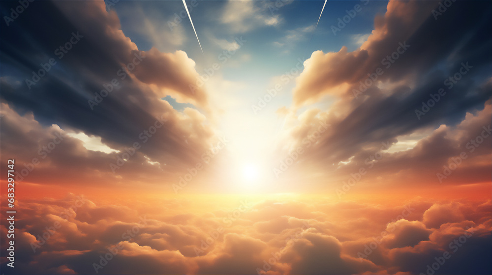 Wall mural dramatic sky with cumulonimbus clouds and ray of light from the sun in sunset, hyper realistic, dram