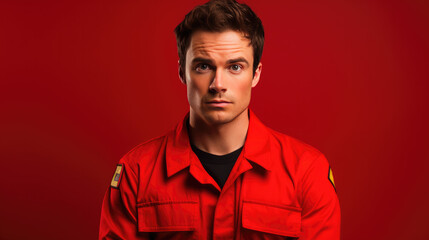 Furious 25 years old male firefighter, frowning, wearing a Bright solid red dress