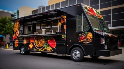a stylish black food truck, serving delectable burgers and Asian cuisine against the backdrop of a bustling street food festival.