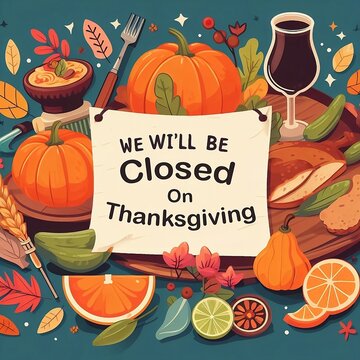 We will be closed on thanksgiving day card or background or banner. vector illustration restaurant poster for social media created with generative ai	