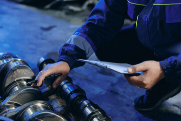 Mechanic checks problem of diesel engine from industrial truck in garage. Fix service repair cargo...