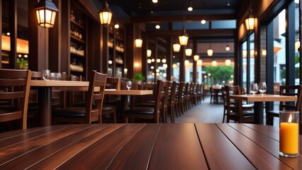 Empty dark wooden table in front of restaurant