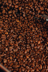 Process roasting coffee beans on professional mixing roaster machines