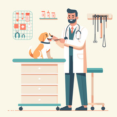 A friendly veterinarian examines a beagle's teeth on a vet table surrounded by medical equipment and medications, highlighting the importance of regular dental checkups to keep pets healthy