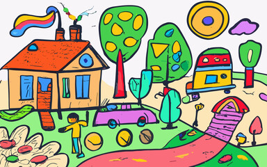 Kaleidoscopic Wonderland A Child's Vision of Houses, Cars, and Gardens Blossoming with the Colors of Rainbow Crayons