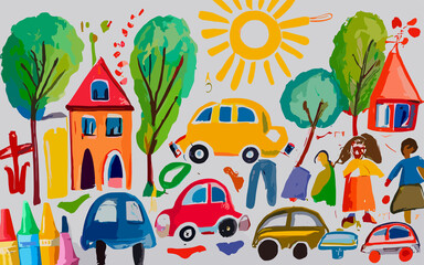 Obraz na płótnie Canvas Dreamy Driveways and Blooming Gardens: A Symphony of Childhood Creativity Illustrated with Houses, Cars, and Nature's Delights in Rainbow Crayons
